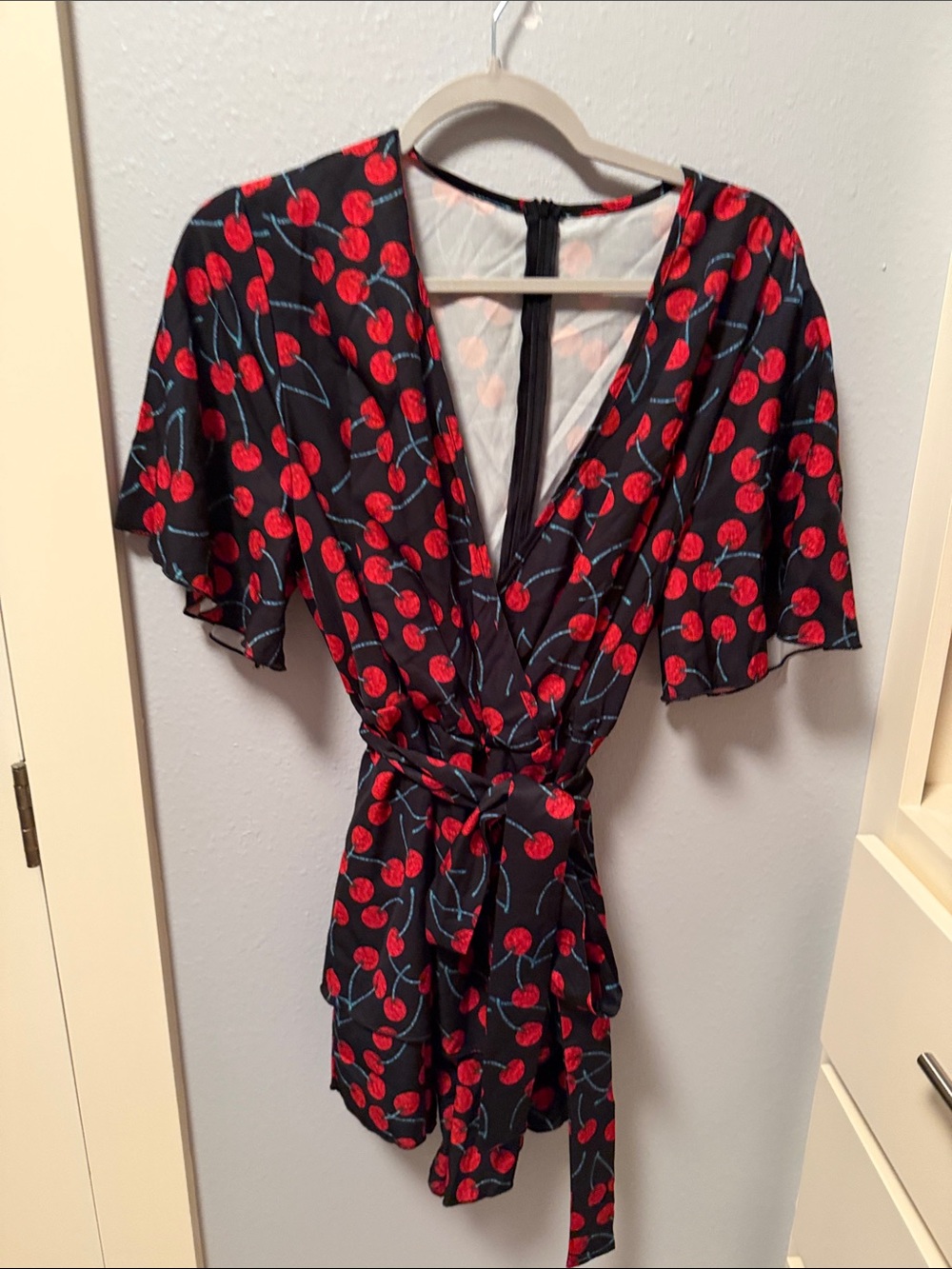 SHEIN Black Cherry Print Wrap Romper